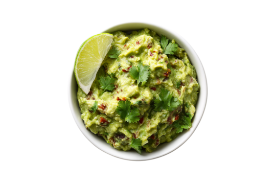Delicious guacamole in a white bowl isolated on transparent background