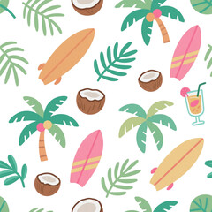A vibrant, seamless tropical pattern featuring colorful surfboards, coconuts, palm trees, leaves, and cocktails on a white background