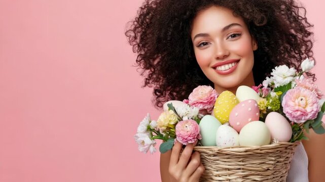 Woman joyfully holding basket of spring flowers and painted eggs against pink background