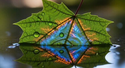 Green Maple Leaf with Water Droplets Reflecting in Water