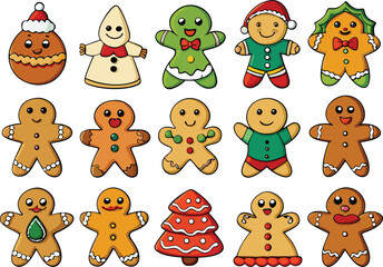 Vector art of collection of cute gingerbread cookies in various festive christmas shapes and characters