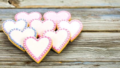 Heart-shaped cookies with pink and blue icing adorn a rustic wooden table.