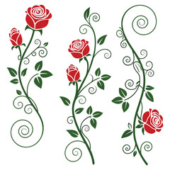 Stylized red roses and green vines, Ornamental Nature inspired design with whimsical swirls for art, decor or print project