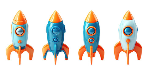 Four cartoon rockets in teal and orange,  with a light teal/white variant
