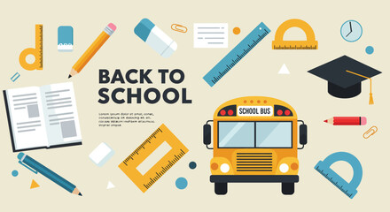 Back to school illustration with yellow bus and various educational supplies
