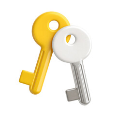 Two keys, gold and gray, overlap. 3D rendered illustration of  intertwined keys, suggesting access or connection