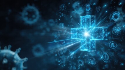 Obraz premium Glowing plus sign with virus in background, as used for healthcare, blue theme