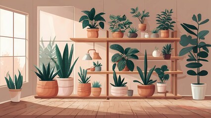 Indoor plants collection in a bright room with wooden shelves and window light 