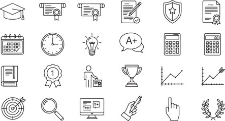 A versatile collection of thin line icons representing the concept of education, business achievement, and professional development
