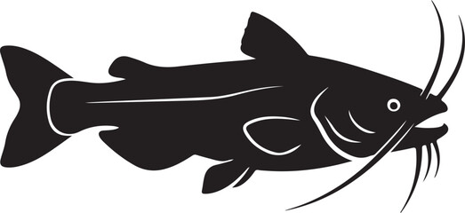Black silhouette of a catfish with long barbels on white