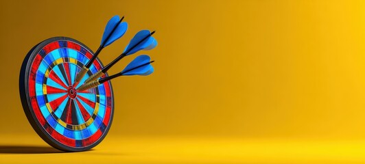 The Dartboard with Triple Blue Darts Perfectly Hitting the Bullseye on Yellow Background