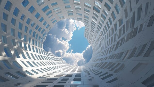 A digitally rendered image shows a futuristic building's interior, a curving, cylindrical atrium looking up to a bright sky filled with fluffy clouds