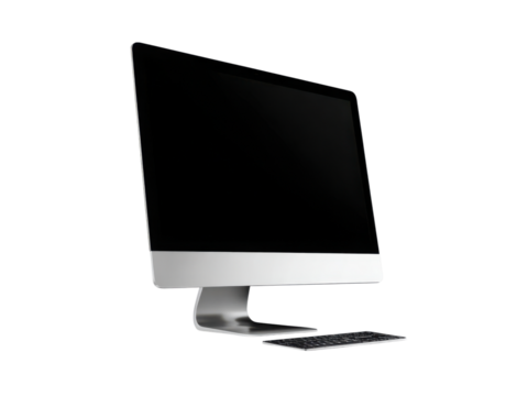 Silver computer monitor and keyboard isolated on black background screen display, Isolated, Png Transparent Background