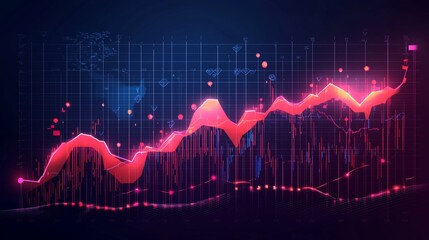 Data visualization of a rising trend. Complex graph displays increasing values over time. Dynamic graphic with glowing lines representing financial data