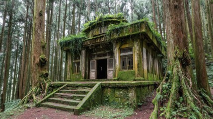 Decayed temple, overgrown with moss, in a forest