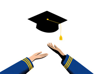 A graduation cap, black with gold trim, is held aloft by two outstretched hands wearing navy blue uniforms with gold stripes