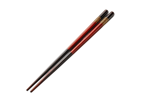 Pair of red and black chopsticks with gold bands on black background utensil eating, Isolated, Png Transparent Background - Powered by Adobe