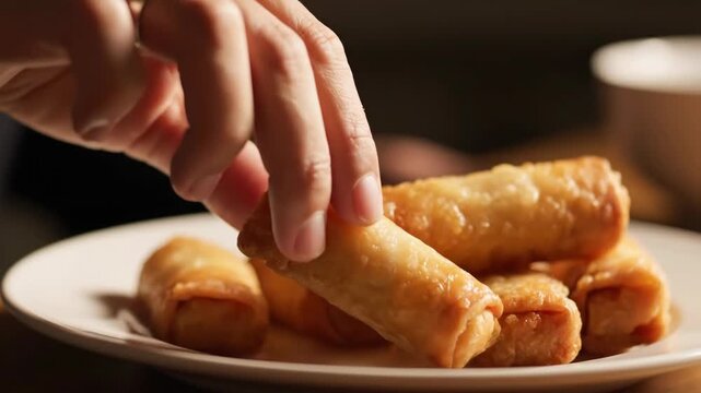 A hand with a ring takes a crispy golden spring roll from a white plate filled with several others