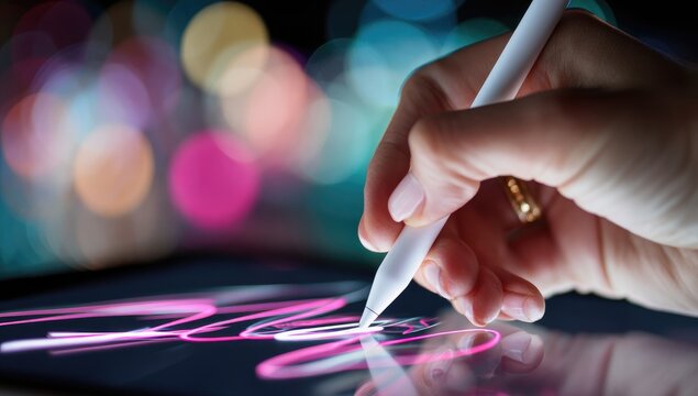 A fair-skinned hand uses a white stylus to draw pink and white lines on a dark tablet screen against a bokeh background