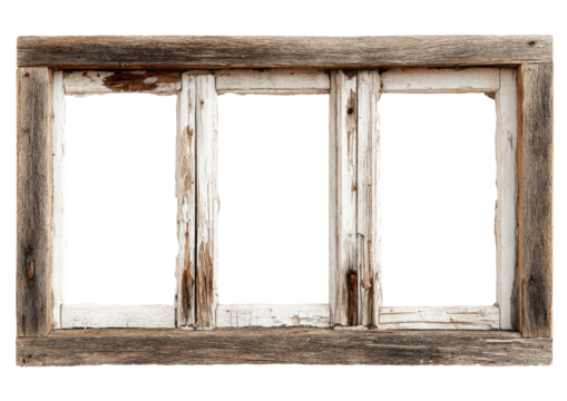Aged, weathered wooden window frame with three empty panes