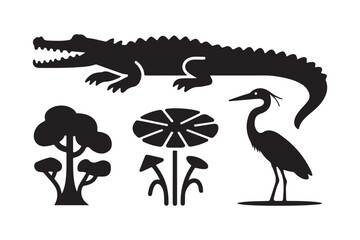 Silhouette of alligator heron and swamp plants
