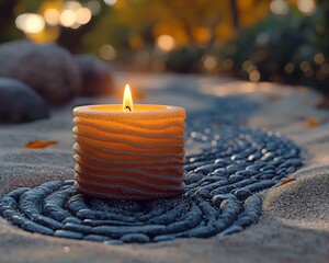 A peaceful Zen garden with a glowing candle amidst pebbles and sand