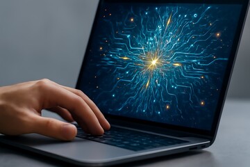 Modern Laptop Displaying Abstract Digital Network Connection with Hand on Keyboard for Technology and Innovation Concepts in a Workspace