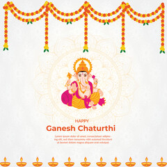 Happy Ganesh Chaturthi Greeting card with Lord Ganesha Illustration and Festive Decorations.