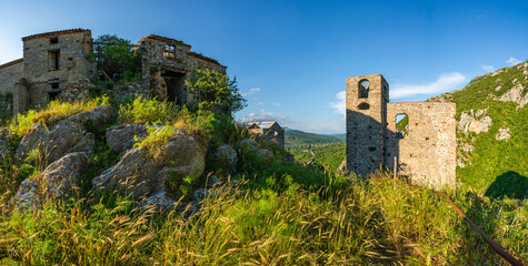 Ruins of the medieval village of San Severino da Centola. Near Palinuro, Cilento, Campania, Italy.