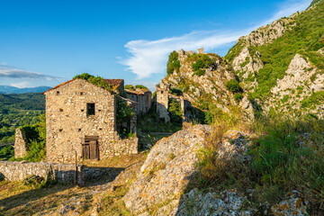 Ruins of the medieval village of San Severino da Centola. Near Palinuro, Cilento, Campania, Italy.