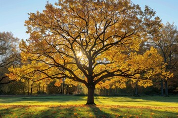 Fototapeta premium Majestic autumn tree with vibrant yellow leaves illuminated by sunlight in a serene park setting