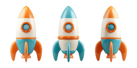 Three cartoon rockets in orange and teal