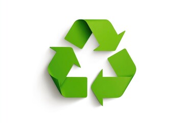 Obraz premium A vibrant green recycling symbol, rendered in a paper-like style with a subtle drop shadow, against a stark white backdrop. The arrows interlock seamlessly, conveying a sense of continuous renewal