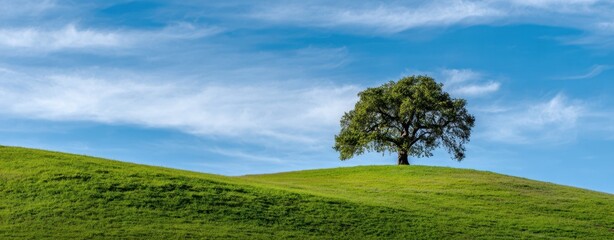 The lone oak tree standing on a rolling green hill beneath a blue sky