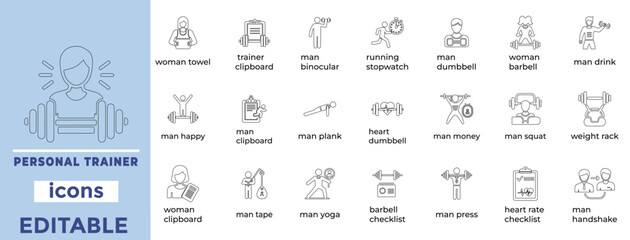 Clean editable personal trainer vector icons in line art, perfect for fitness, coaching, gym branding and app design
