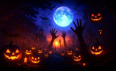 Halloween background ,Spooky Halloween Night with Glowing Pumpkins and Haunted Graveyard,  Generative ai