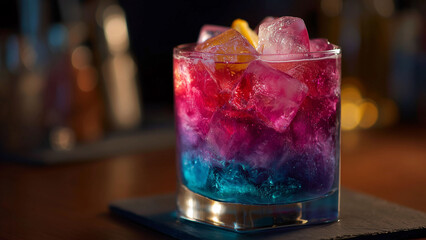 Vibrant and colorful craft cocktail with ice cubes in a rocks glass on a dark bar counter