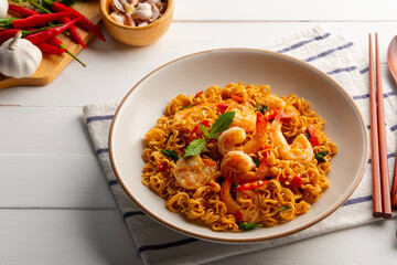 Stir fried instant noodles and shrimp with basil leaves.Thai food.(pad ka prao)