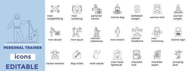 Clean editable personal trainer vector icons in line art, perfect for fitness, coaching, gym branding and app design
