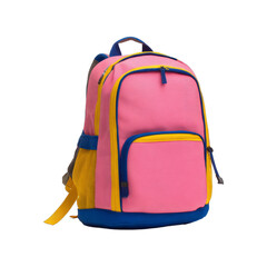 Colorful Pink Yellow and Blue School Backpack on White Background