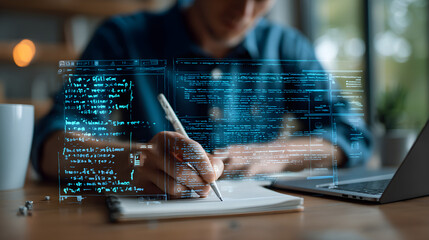 Web Design Student Writing Notes While Digital Code Interface Overlays The Screen, Futuristic Transparent Gui, Natural Daylight, Casual Learning Setup, Color Natural Grading, Ultra Hd, Modern Lighting