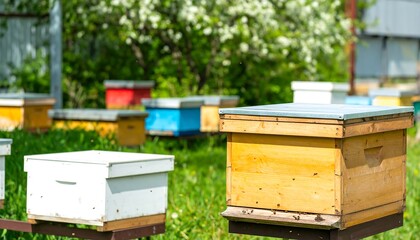 Colorful beehives stand in a grassy apiary, showcasing a vibrant array of wooden boxes.