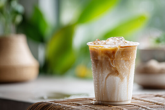 Plastic takeaway cup with iced latte and milk swirl, condensation visible, placed on rattan table in tropical cafe setting with green plants blurred in background