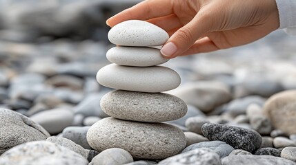 A hand carefully places a white pebble on top of a small stack of similar stones, creating a balanced stack on a beach of various colored pebbles