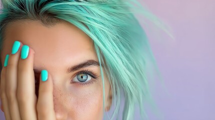 Young woman with turquoise hair and blue eyes, suitable for alternative fashion or creative identity