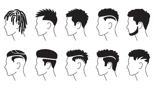 Trendy Men&rsquo;s Haircut Silhouette Vector Set with Modern Hairstyle Designs