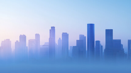 Serene skyline of city shrouded mist, showcasing tall buildings and soft blue hue. atmosphere evokes calmness and tranquility