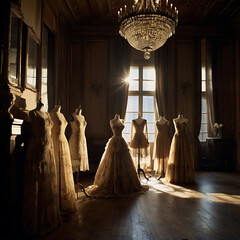 Luxurious couture gowns displayed in an elegant atelier with grand chandelier 