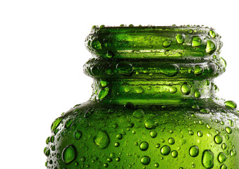 Close-up of a green glass bottle top, covered in water droplets