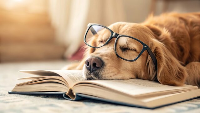 Golden Retriever dog wearing glasses sleeping on a book